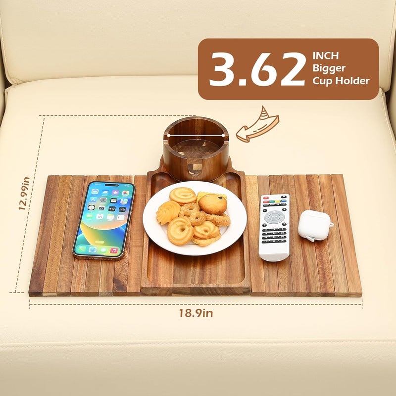 GHKINMAL Couch Cup Holder Tray, Acacia Wood Couch Armrest Table with 360° Ratated Phone Holder, 18.99" Flodable Anti-Slip Sofa Armrest Tray Tables for Snacks Remote Storage - Image 5